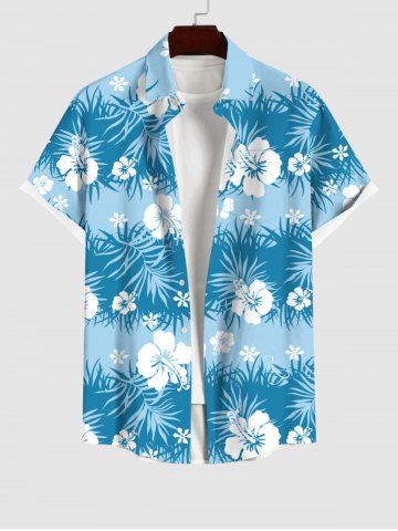 Plus Size Tropical Leaf Hibiscus Flowers Print Buttons Pocket Hawaii Shirt For Men - LIGHT BLUE - 4XL