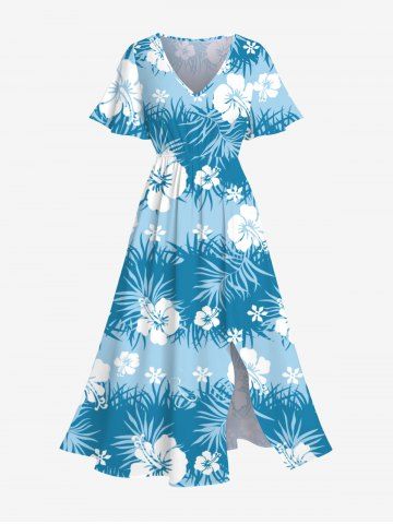 Plus Size Tropical Leaf Hibiscus Flowers Print Split Hawaii Midi Dress - LIGHT BLUE - S