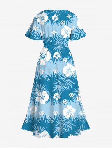 Plus Size Tropical Leaf Hibiscus Flowers Print Split Hawaii Midi Dress