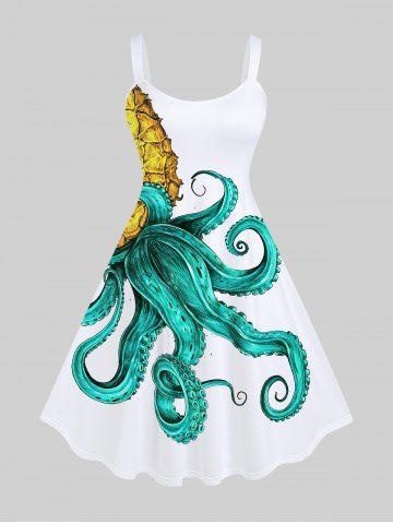 Plus Size Octopus Pineapple Print Hawaii A Line Tank Dress - WHITE - XS