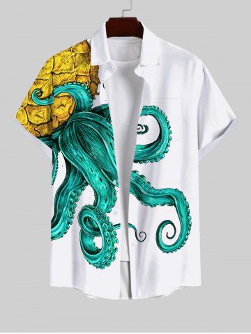 Plus Size Octopus Pineapple Print Hawaii Button Pocket Shirt For Men - WHITE - M