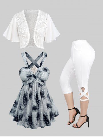 Tie Dye Letters Print Crisscross Top and Lace Bolero Jacket and Solid Pockets Hollow Out Pants Plus Size Outfit - GRAY