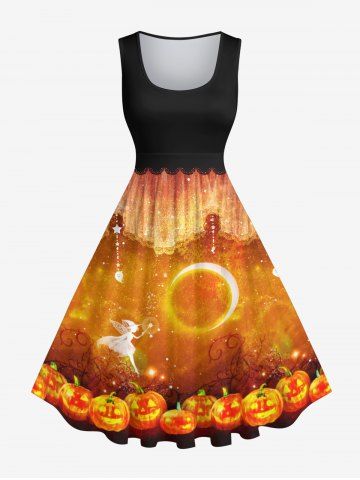 Plus Size Halloween Costume Pumpkin Moon Star Tassel Wizard Galaxy Glitter 3D Print 1950s Vintage Dress - MULTI-A - 2X