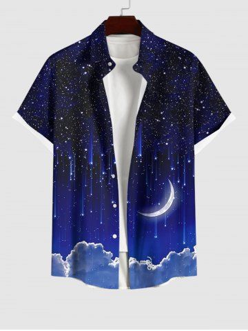 Plus Size Glitter Galaxy Star Moon Cloud Print Hawaii Ombre Button Pocket Shirt For Men - BLACK - L
