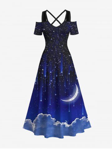 Plus Size Glitter Galaxy Star Moon Cloud Print Hawaii Ombre Crisscross A Line Maxi Dress - MULTI-A - S