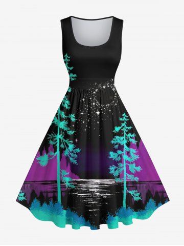 Plus Size Tree Sea Moon Star Print Hawaii Vintage Swing A Line Dress