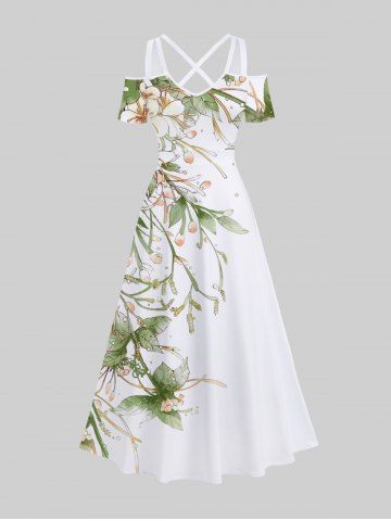 Plus Size Floral Leaves Branch Print Hawaii Crisscross A Line Maxi Dress - WHITE - XS