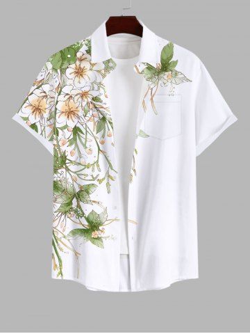 Plus Size Floral Leaves Branch Print Hawaii Button Pocket Shirt For Men