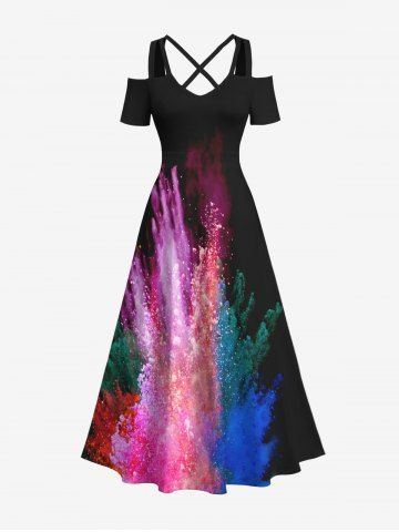 Plus Size Colorful Smoke Bomb Painting Splatter Print Hawaii Crisscross A Line Maxi Dress - MULTI-A - XS