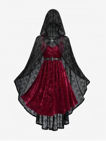 Plus Size Ruched Ruffles Velvet Cami Dress With Belt And Cross Floral Flocking Mesh Hooded Ponchos Cloak - RED - 3X | US 22-24