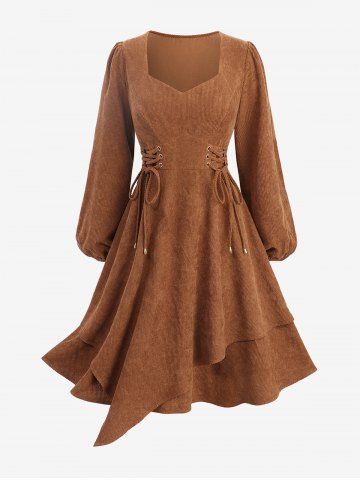 Robe Asymétrique Côtelée Texturée Grande Taille à Lacets - COFFEE - 1X | US 14-16