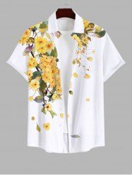 Plus Size Peach Blossom Flower Leaf Print Buttons Pocket Hawaii Shirt For Men -  