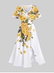 Plus Size Peach Blossom Flower Leaf Print Split Hawaii Midi Dress -  
