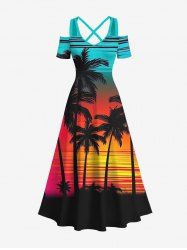 Plus Size Sunset Colorful Colorblock Sky Coconut Tree Print Cold Shoulder Crisscross Hawaii Maxi Dress -  