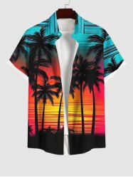 Plus Size Sunset Colorful Colorblock Sky Coconut Tree Print Buttons Pocket Hawaii Shirt For Men -  