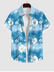 Plus Size Tropical Leaf Hibiscus Flowers Print Buttons Pocket Hawaii Shirt For Men -  