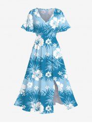 Plus Size Tropical Leaf Hibiscus Flowers Print Split Hawaii Midi Dress -  