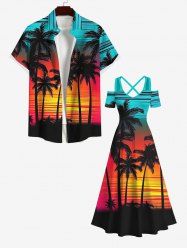 Sunset Colorful Colorblock Sky Coconut Tree Print Plus Size Matching Hawaii Beach Outfit For Couples -  