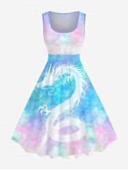 Plus Size Colorful Tie Dye Ombre Dragon Print Hawaii Vintage Swing A Line Dress -  