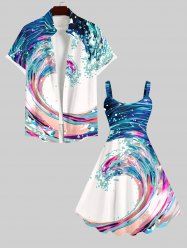 Colorful Sea Waves Painting Splatter Print Plus Size Matching Hawaii Beach Outfit For Couples -  