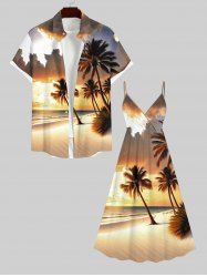 Glitter Coconut Tree Sea Beach Dusk Print Plus Size Matching Hawaii Beach Outfit For Couples -  