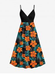 Plus Size Tropical Leaf Hibiscus Flowers Print Surplice Hawaii Cami Dress -  
