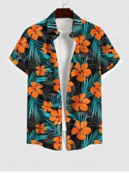Plus Size Tropical Leaf Hibiscus Flowers Print Buttons Pocket Hawaii Shirt For Men -  