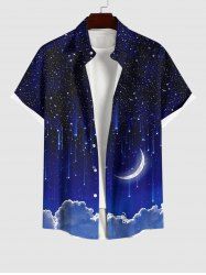 Plus Size Glitter Galaxy Star Moon Cloud Print Hawaii Ombre Button Pocket Shirt For Men -  