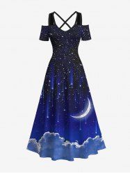 Plus Size Glitter Galaxy Star Moon Cloud Print Hawaii Ombre Crisscross A Line Maxi Dress -  