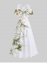 Plus Size Floral Leaves Branch Print Hawaii Crisscross A Line Maxi Dress -  