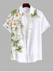 Plus Size Floral Leaves Branch Print Hawaii Button Pocket Shirt For Men -  