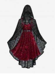 Plus Size Ruched Ruffles Velvet Cami Dress With Belt And Cross Floral Flocking Mesh Hooded Ponchos Cloak -  