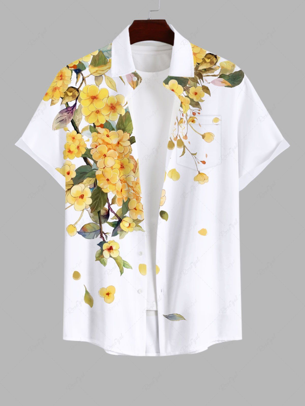 Shop Plus Size Peach Blossom Flower Leaf Print Buttons Pocket Hawaii Shirt For Men  