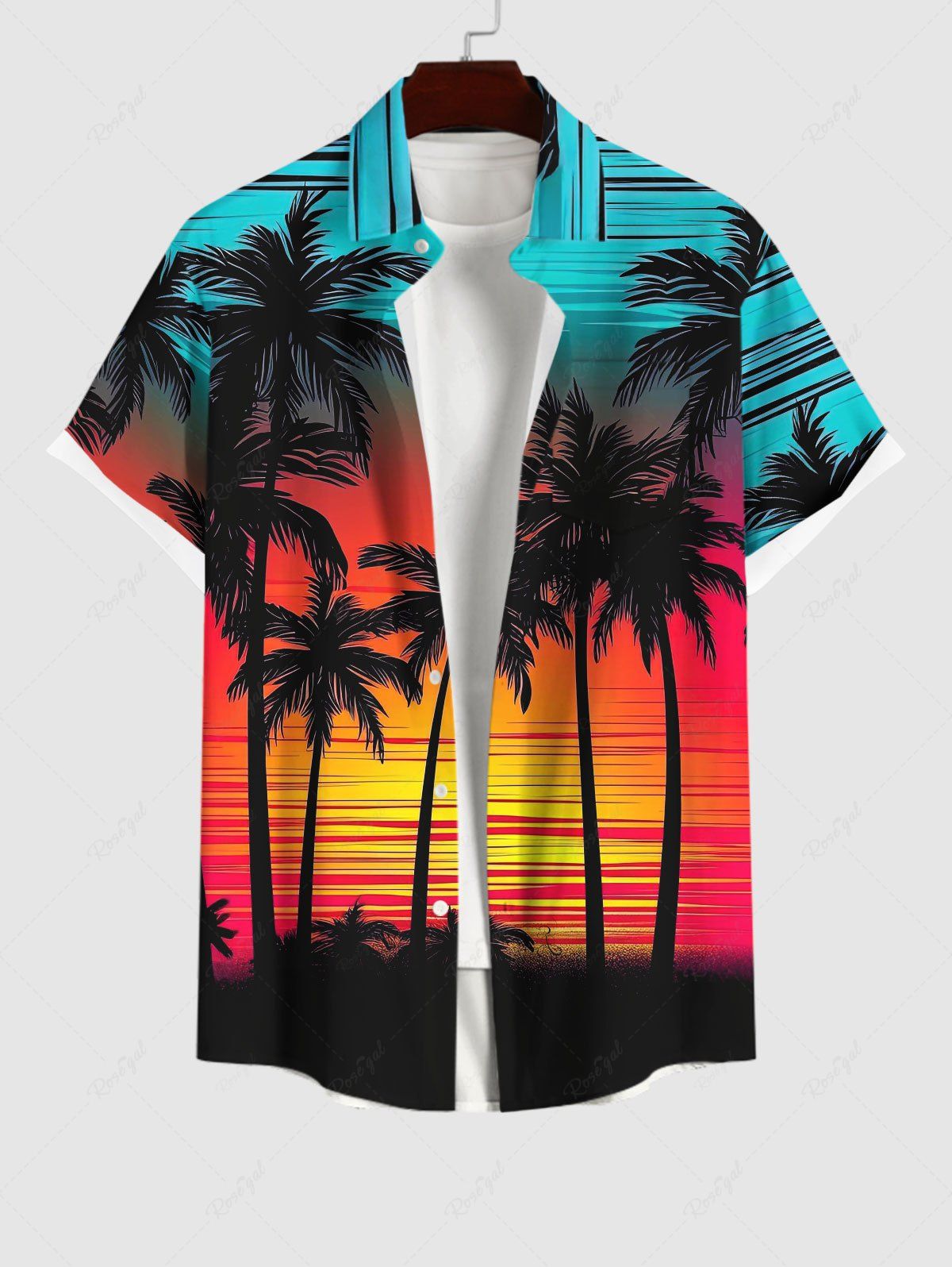 Shops Plus Size Sunset Colorful Colorblock Sky Coconut Tree Print Buttons Pocket Hawaii Shirt For Men  