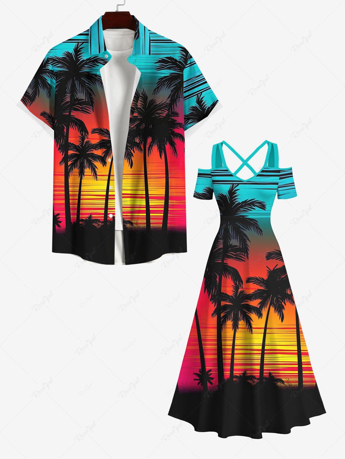 Unique Sunset Colorful Colorblock Sky Coconut Tree Print Plus Size Matching Hawaii Beach Outfit For Couples  
