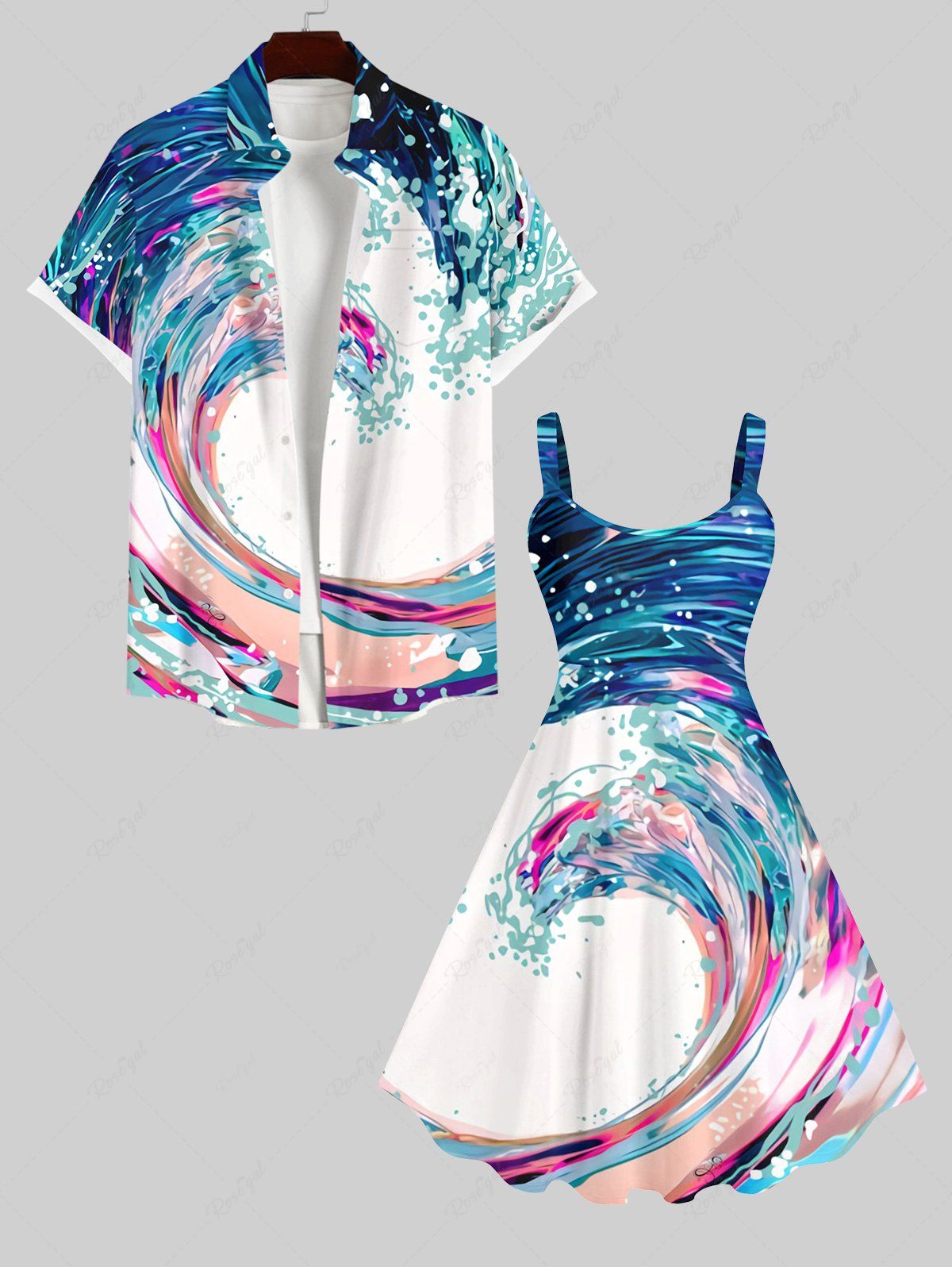 Sale Colorful Sea Waves Painting Splatter Print Plus Size Matching Hawaii Beach Outfit For Couples  