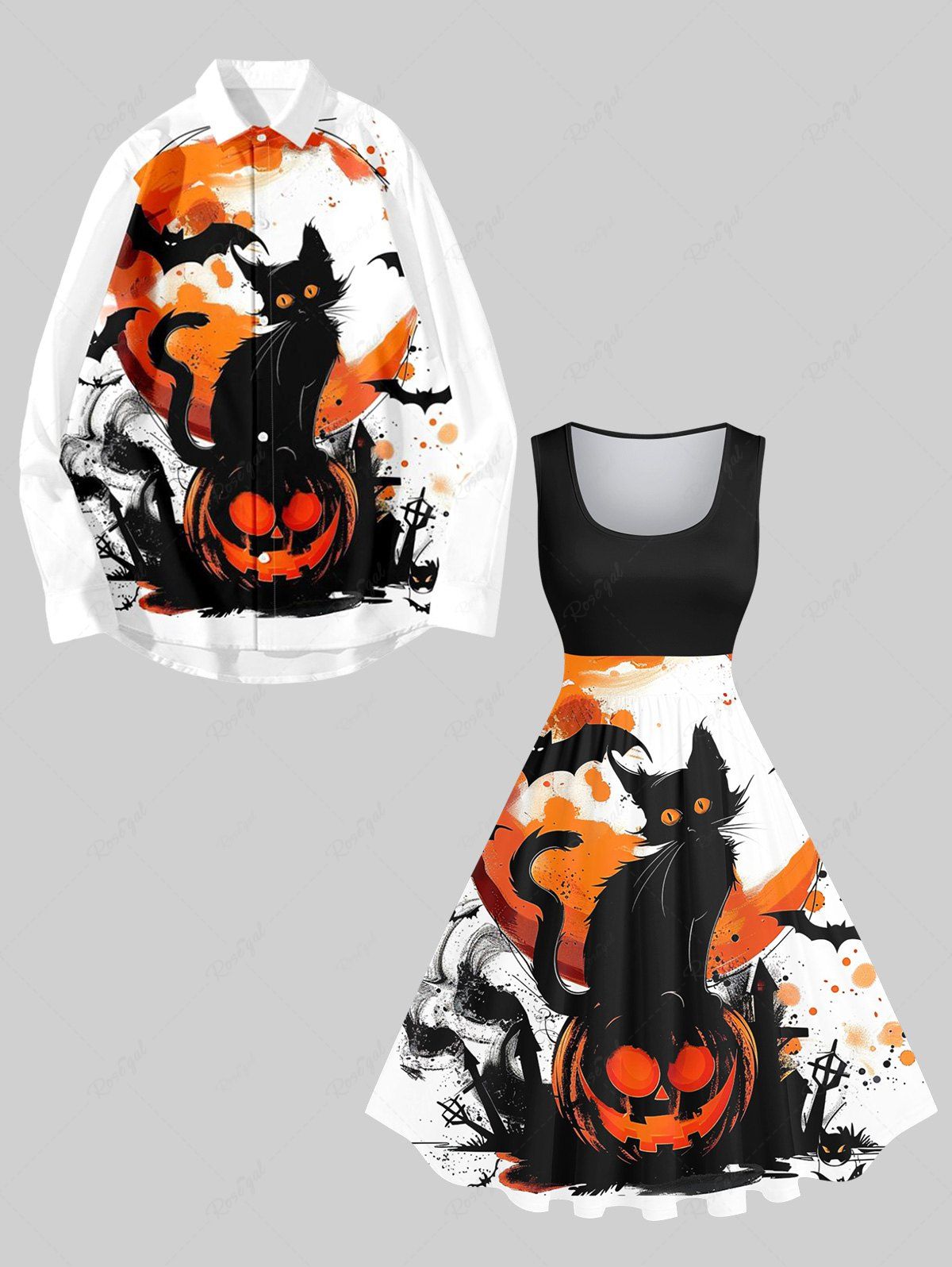 Hot Halloween Costume Cat Pumpkin Bat Cross Ink Painting Splatter Print Plus Size Matching Set For Couples  