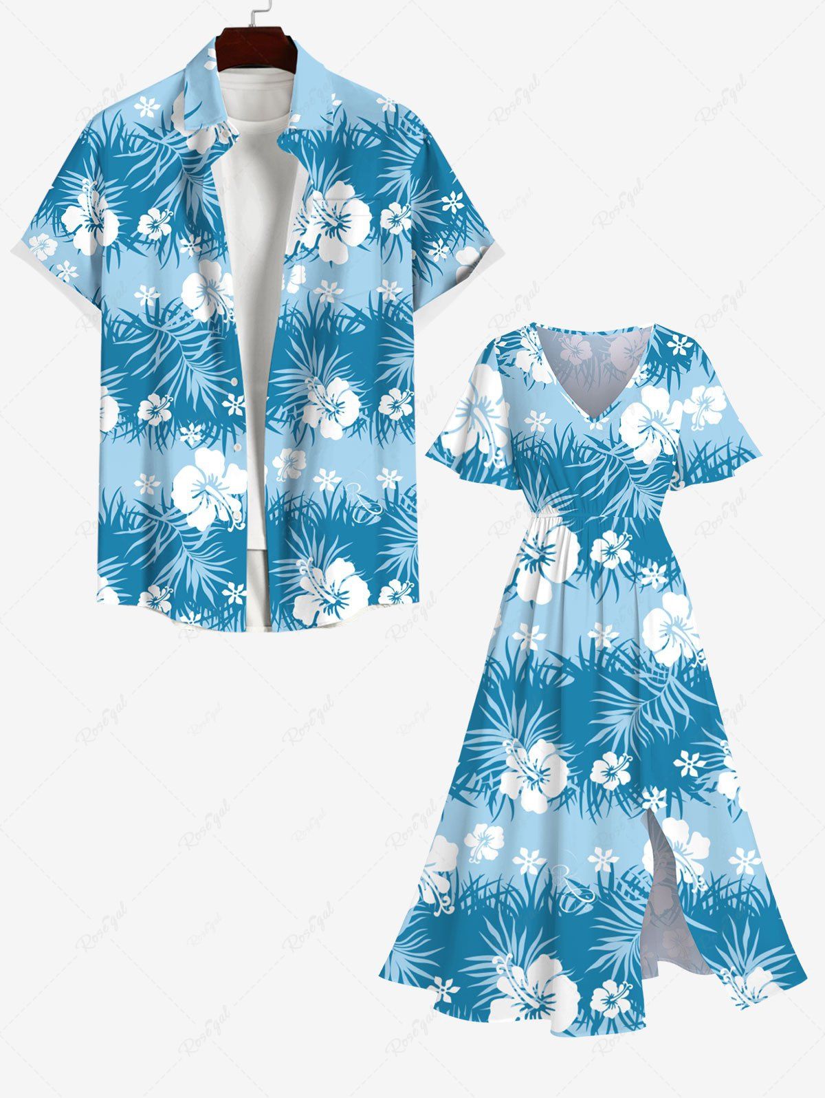 Buy Tropical Leaf Hibiscus Flowers Print Plus Size Matching Hawaii Beach Outfit For Couples  