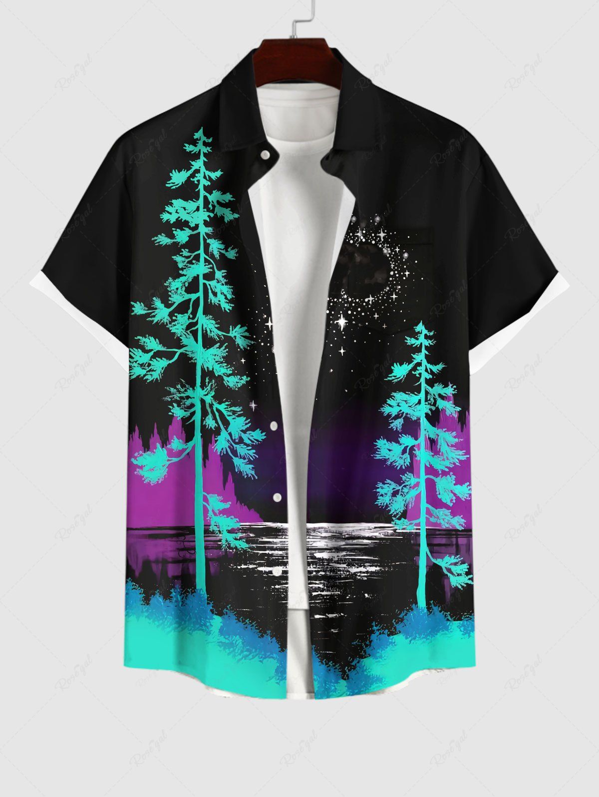 Online Plus Size Tree Sea Moon Star Print Hawaii Button Pocket Shirt For Men  