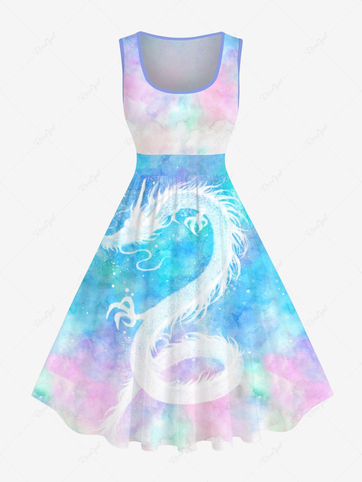 Fashion Plus Size Colorful Tie Dye Ombre Dragon Print Hawaii Vintage Swing A Line Dress  