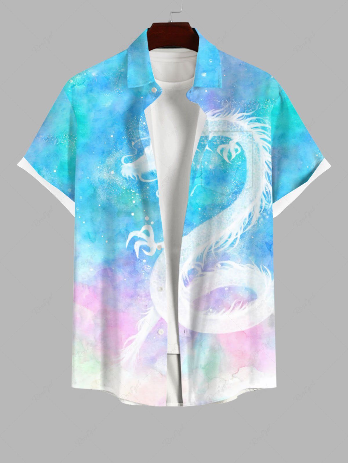 Outfit Plus Size Colorful Tie Dye Ombre Dragon Print Hawaii Button Pocket Shirt For Men  