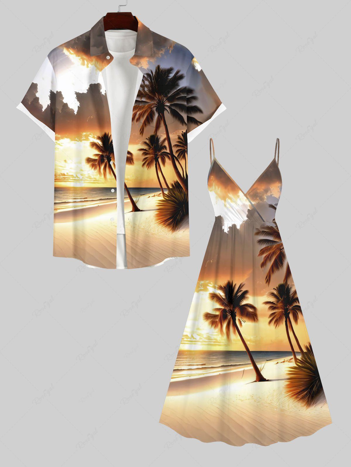 Discount Glitter Coconut Tree Sea Beach Dusk Print Plus Size Matching Hawaii Beach Outfit For Couples  