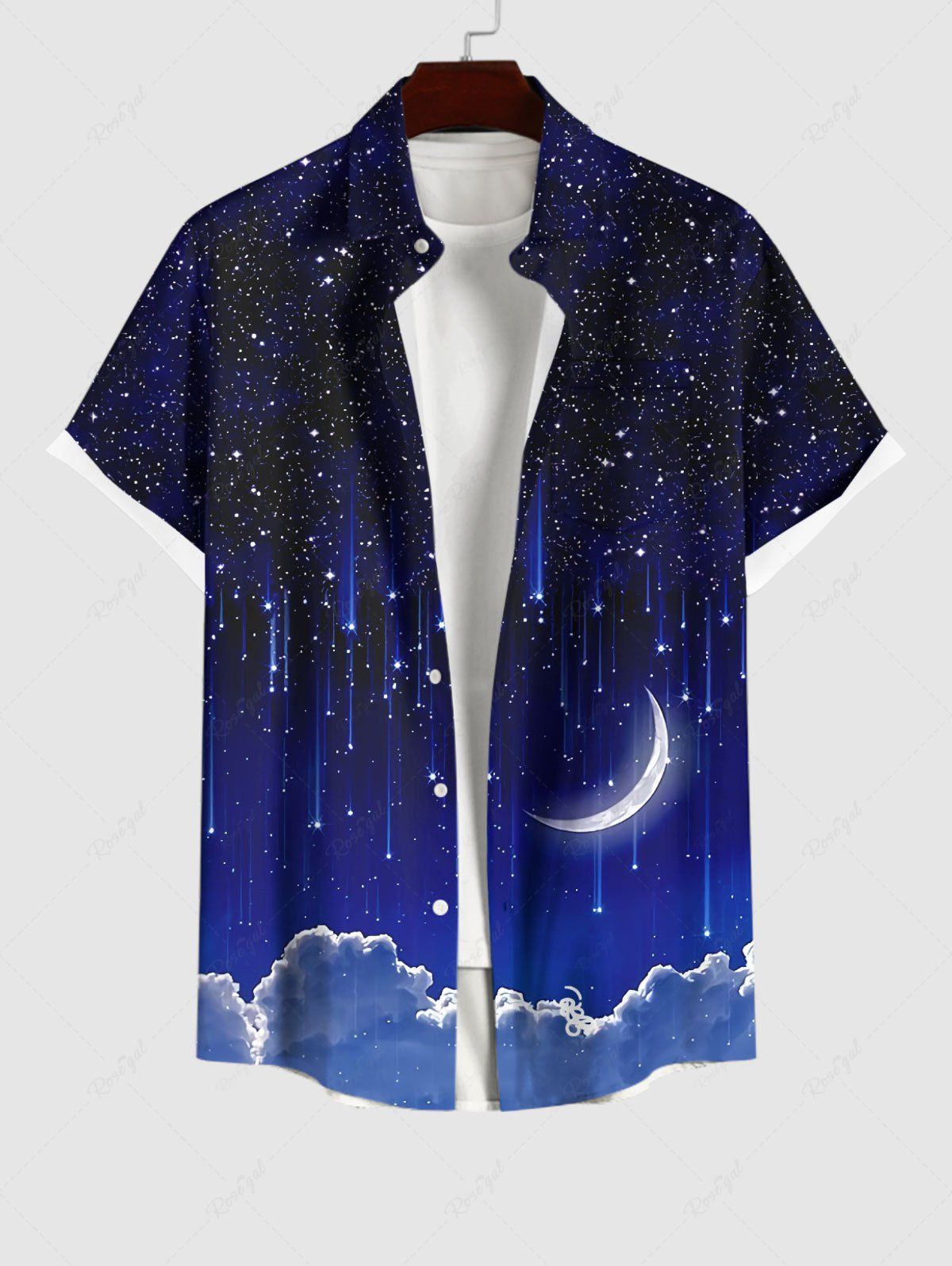 Affordable Plus Size Glitter Galaxy Star Moon Cloud Print Hawaii Ombre Button Pocket Shirt For Men  