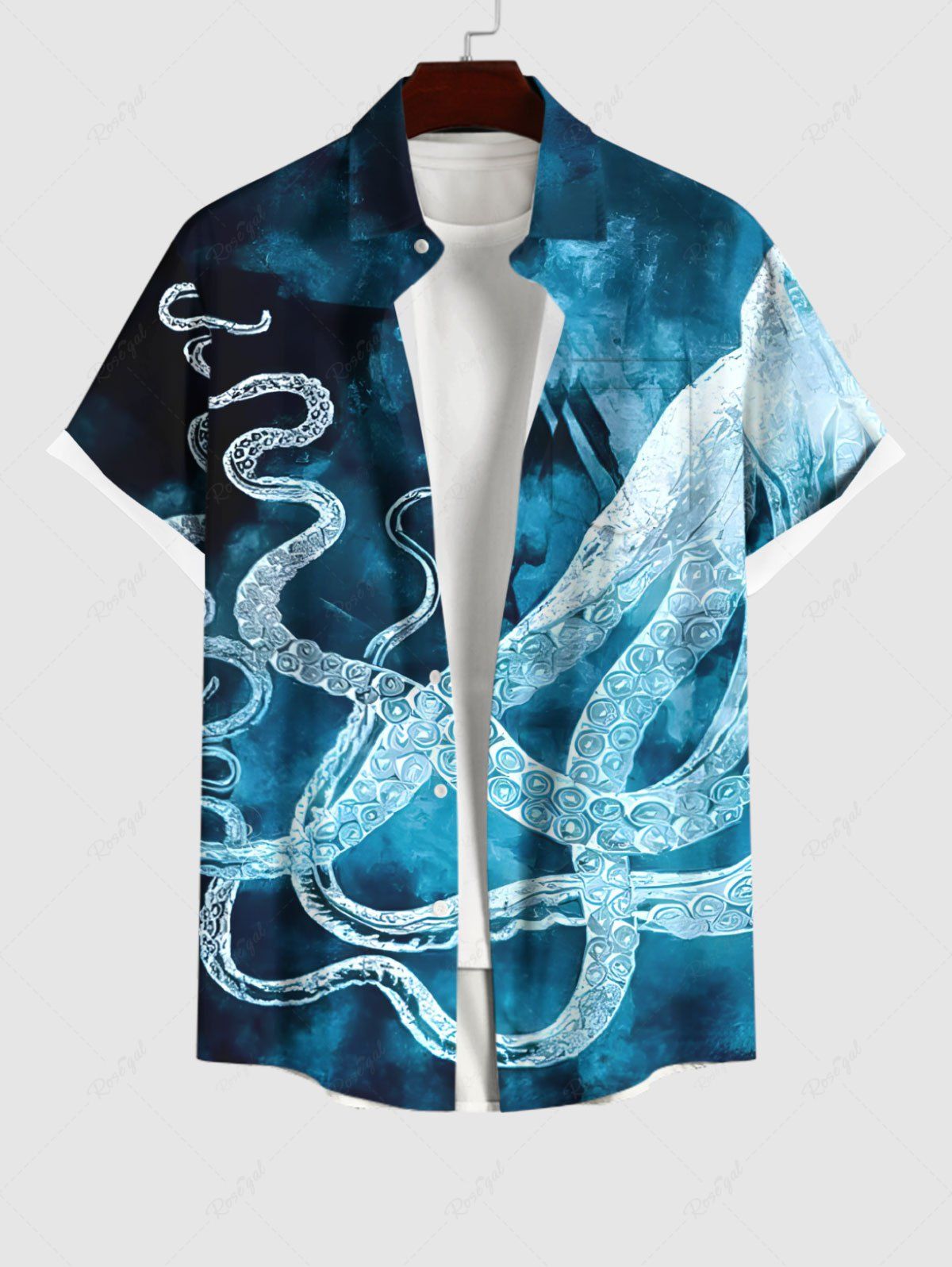 Best Plus Size Octopus Ombre Sea Print Buttons Pocket Hawaii Shirt For Men  