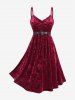 Plus Size Ruched Ruffles Velvet Cami Dress With Belt And Cross Floral Flocking Mesh Hooded Ponchos Cloak -  
