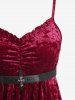 Plus Size Ruched Ruffles Velvet Cami Dress With Belt And Cross Floral Flocking Mesh Hooded Ponchos Cloak -  