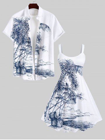 Coconut Tree Sea Mountain Box Print Plus Size Matching Hawaii Beach Outfit For Couples - WHITE