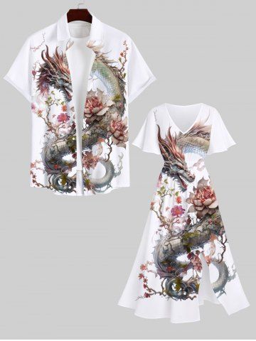 Chinese Elements Dragon Flowers Print Plus Size Matching Outfit For Couples - WHITE