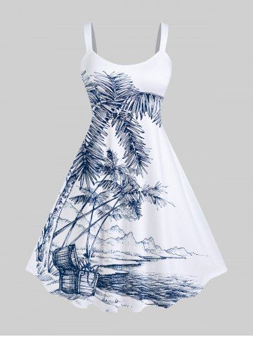 Plus Size Coconut Tree Sea Mountain Box Print Hawaii Tank Dress - WHITE - 1X