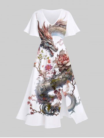 Plus Size Chinese Elements Dragon Flowers Print Split Midi Dress - WHITE - L